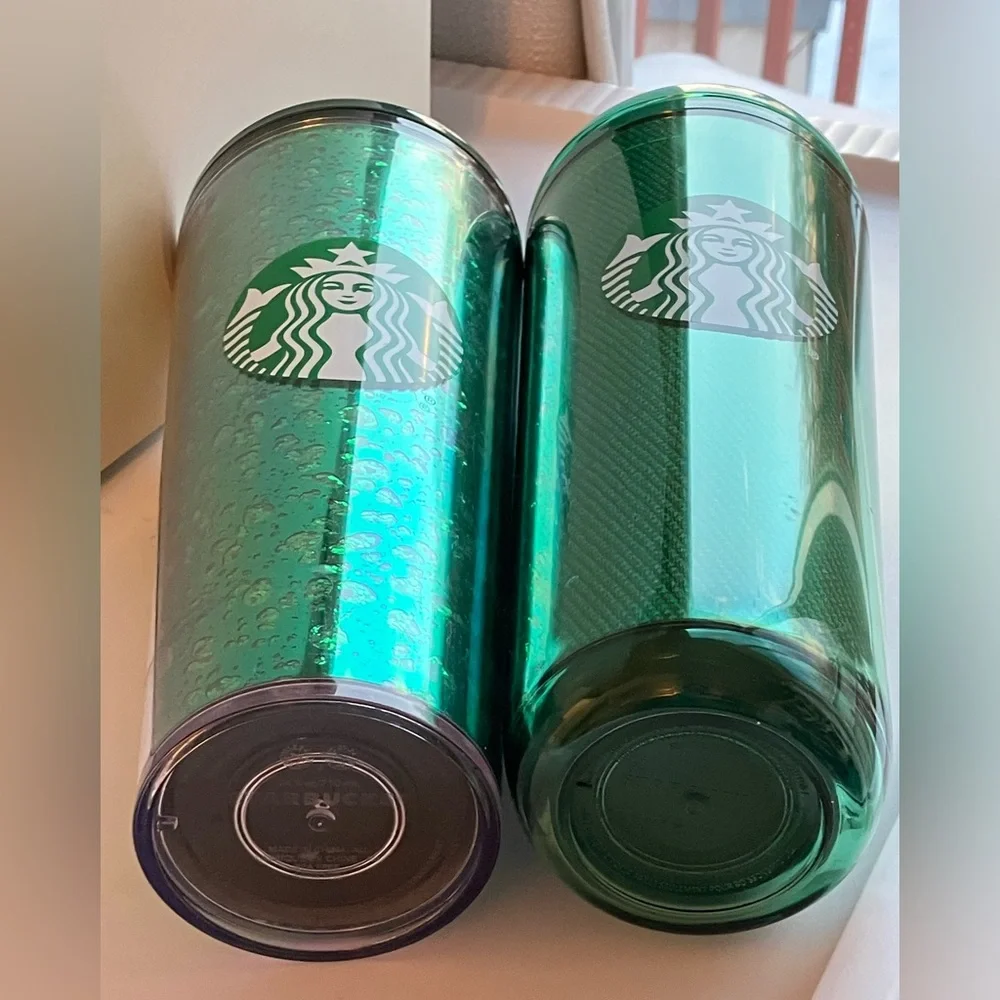 2 Starbucks tall 24 oz. plastic cups Holiday green sparkling flecks and tweed
